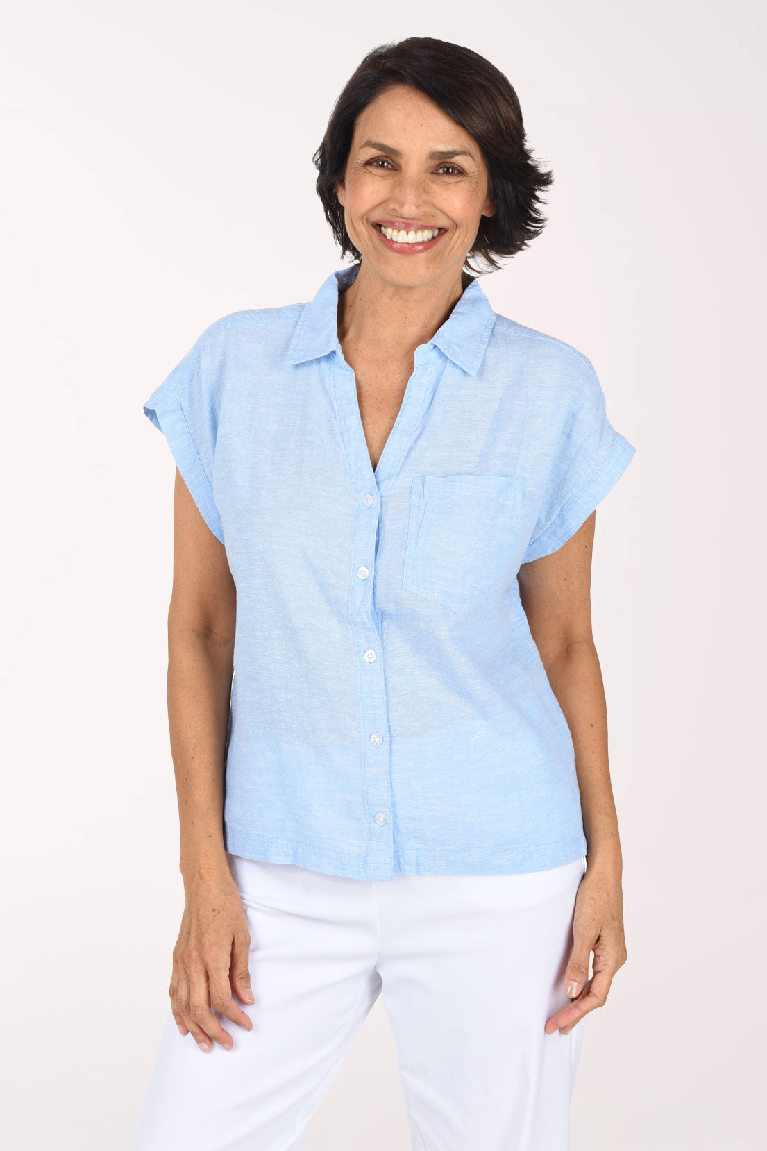 Linen-Blend Cap Sleeve Shirt