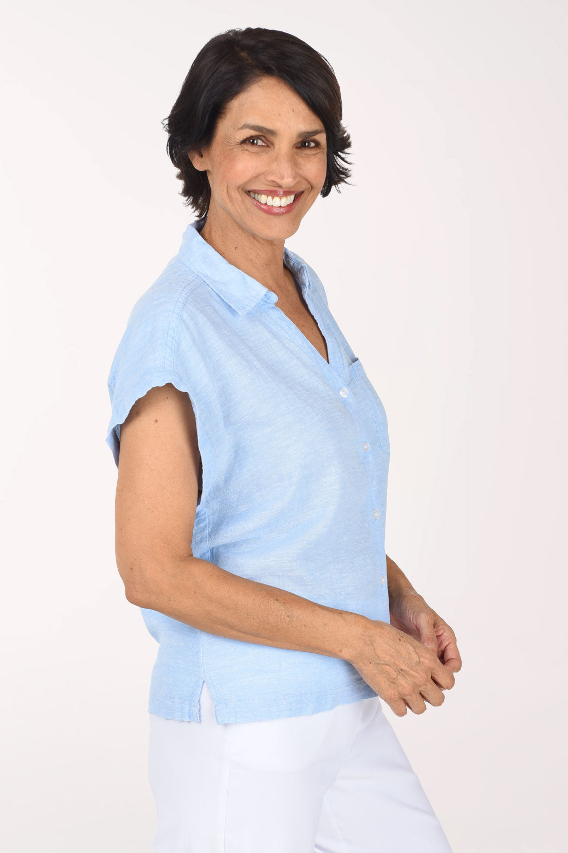 Linen-Blend Cap Sleeve Shirt