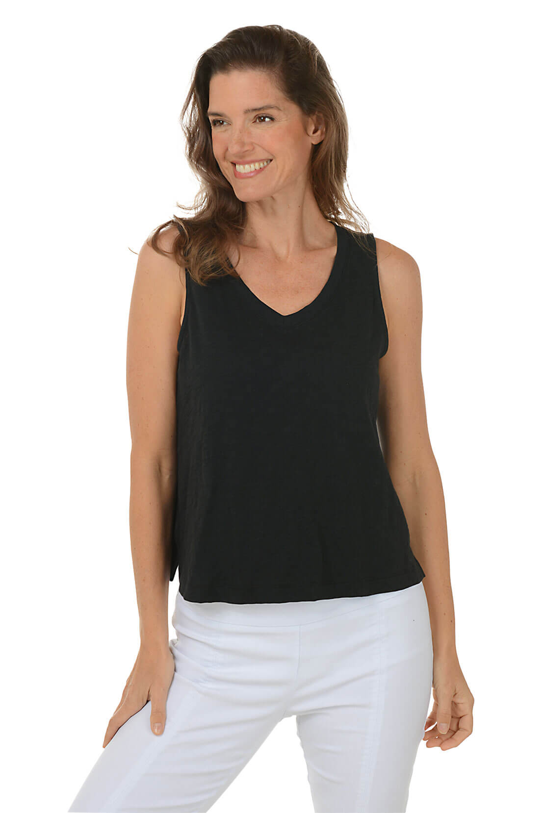 Solid Slub-Knit V-Neck Tank
