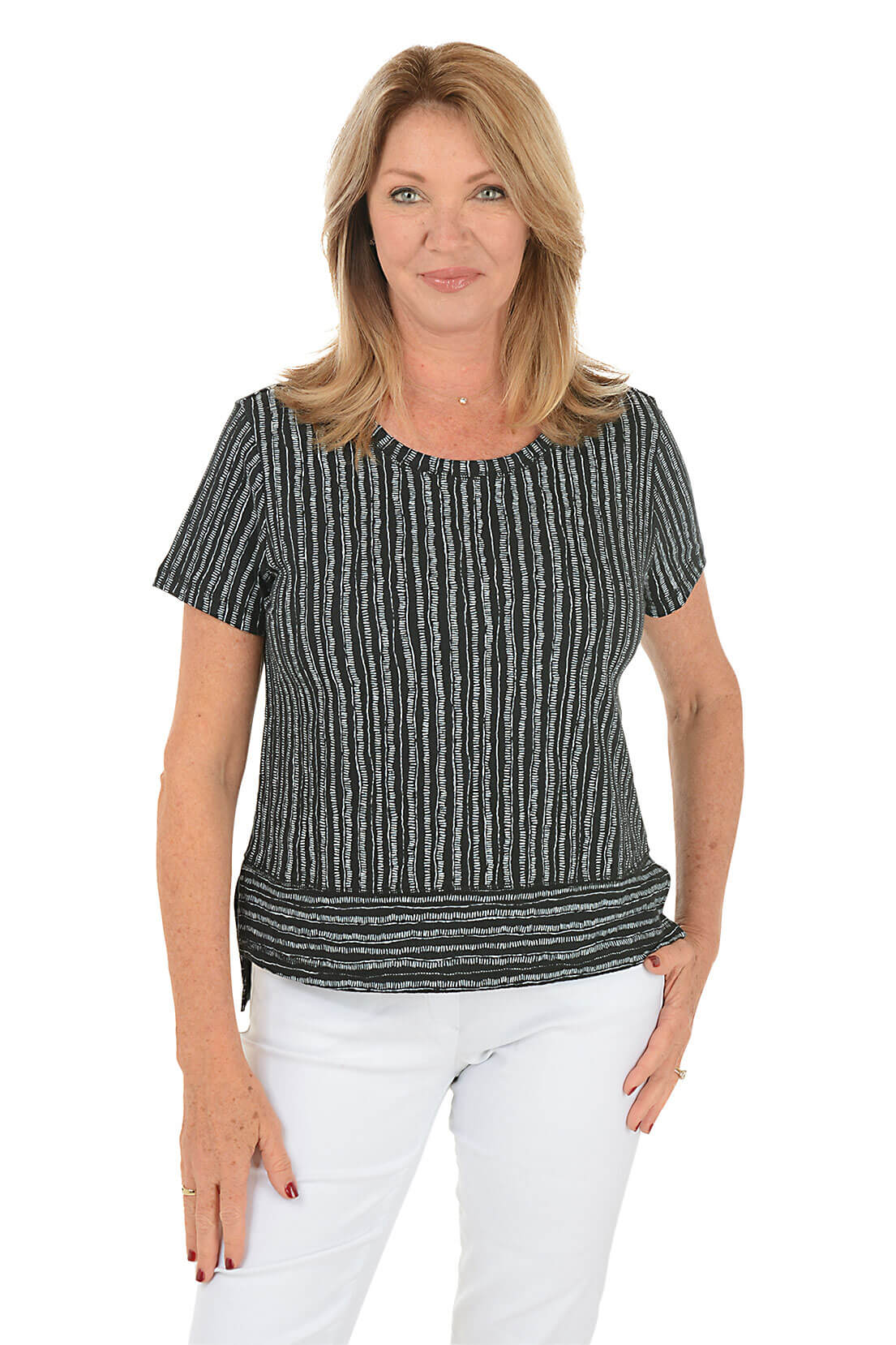 A woman wearing a striped high-low hemline t-shirt with a scoop neckline and short sleeves. Second front shot.