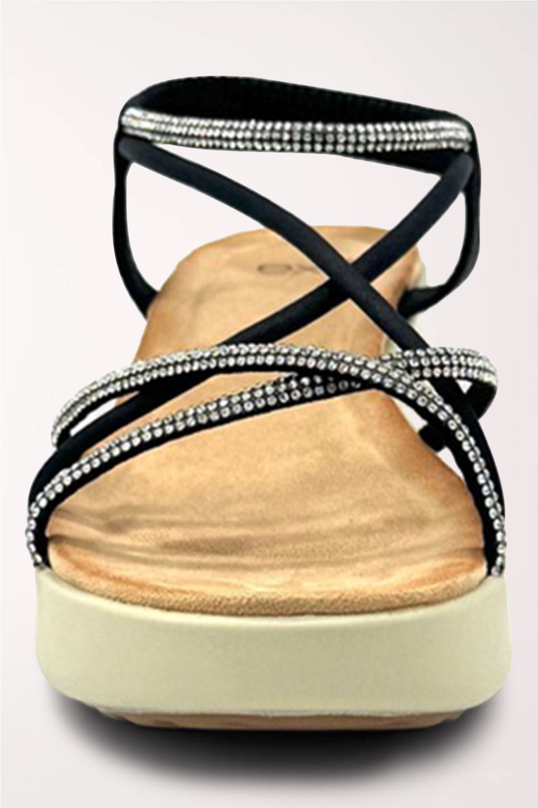 Front angle of the black rhinestone wedge sandal showing the crisscross straps over the cushioned footbed.