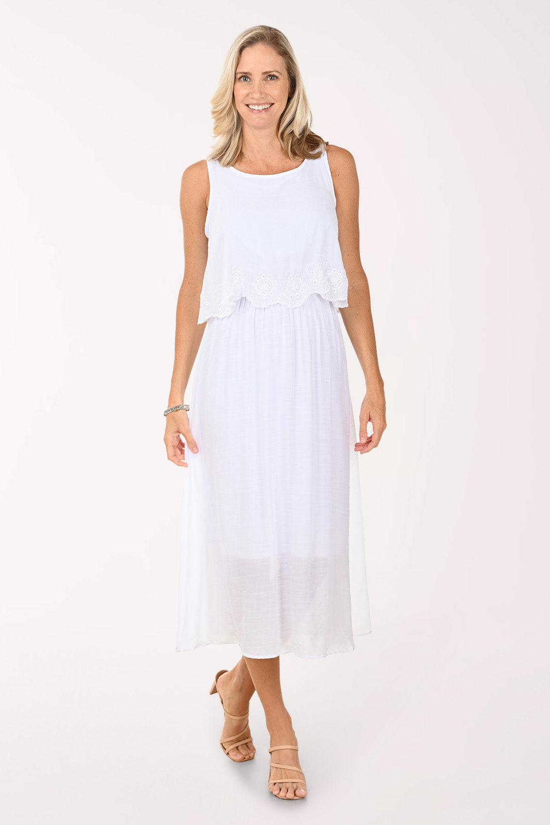 Fashion River Embroidered Scallop Popover Sleeveless Maxi Dress - White