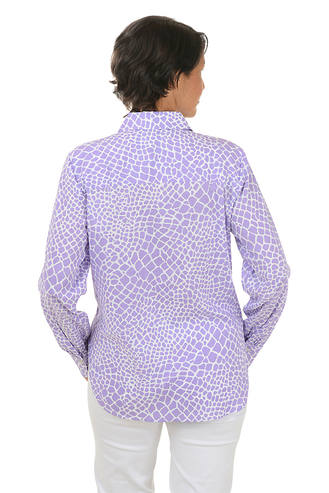 A back shot of a model wearing a long sleeve buttoned shirt with a geometric pattern, in a corporate setting color Amethyst