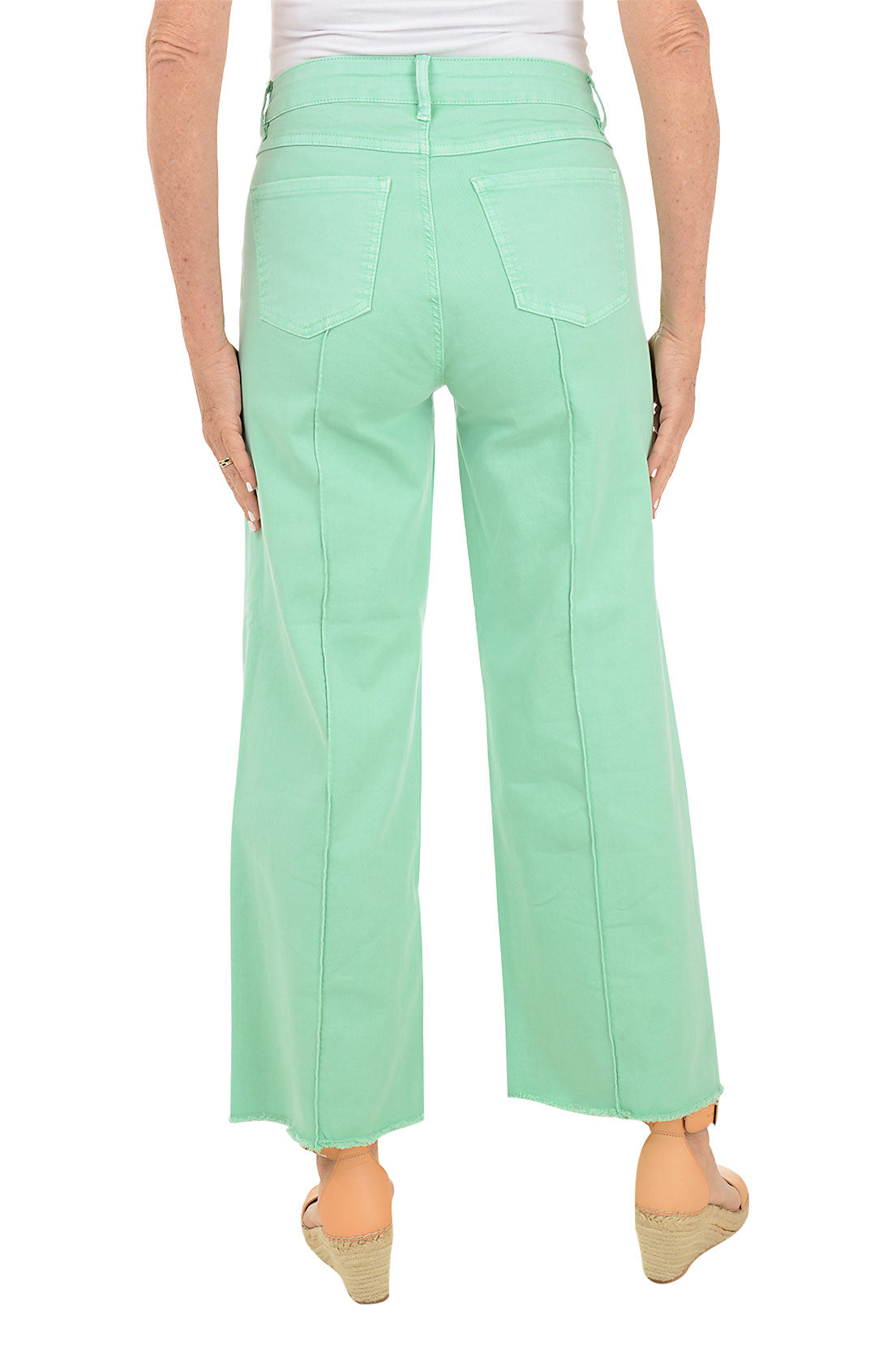 A back shot of a model wearing a pair of mint green denim ankle pants with a pintuck front seam, wide leg, and frayed hemline. The pants have a high waist with belt loops and a button-and-zip fly.