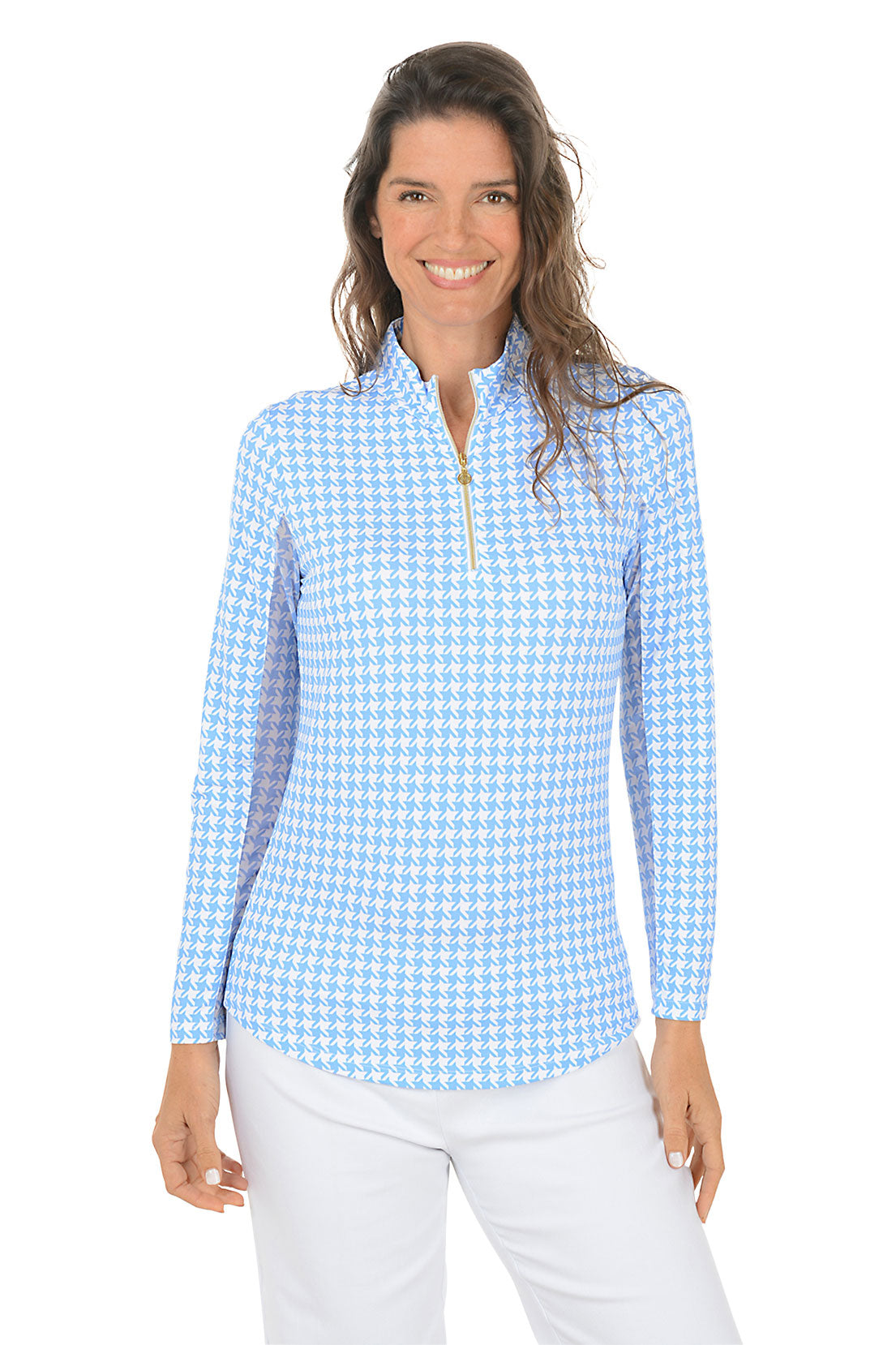 Woman wearing a blue and white checkered long-sleeve shirt with mesh sleeves on a white background.