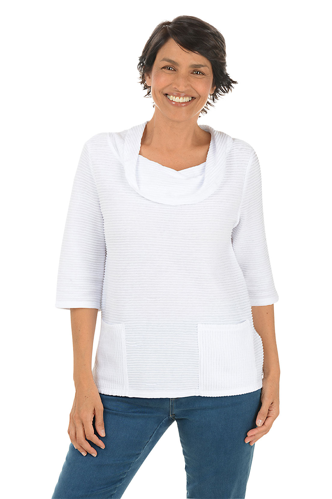 A front shot of a model wearing a white ribbed double pocket top with 3/4 sleeves and a cowl neckline.