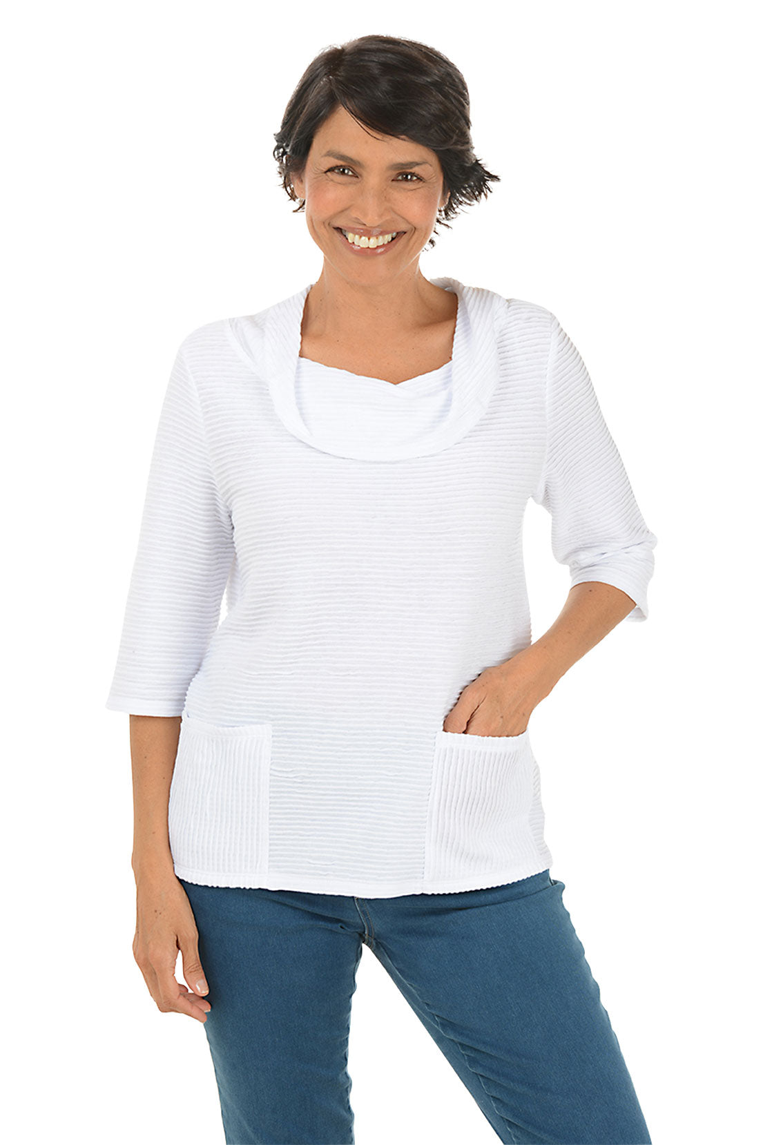 A front shot of a model wearing a white ribbed double pocket top with 3/4 sleeves and a cowl neckline.