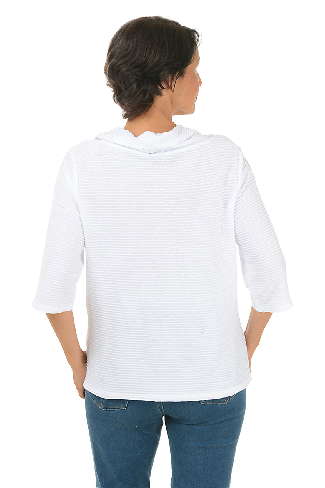 A back shot of a model wearing a white ribbed double pocket top with 3/4 sleeves and a cowl neckline.