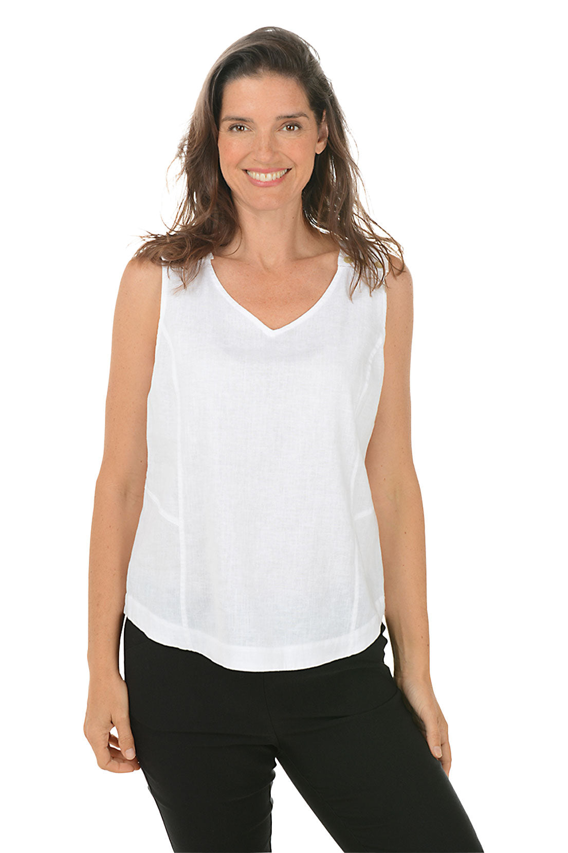 A front shot of a model wearing a white sleeveless tank top with a V-neckline and triple button styling on shoulder straps, paired with black pants.