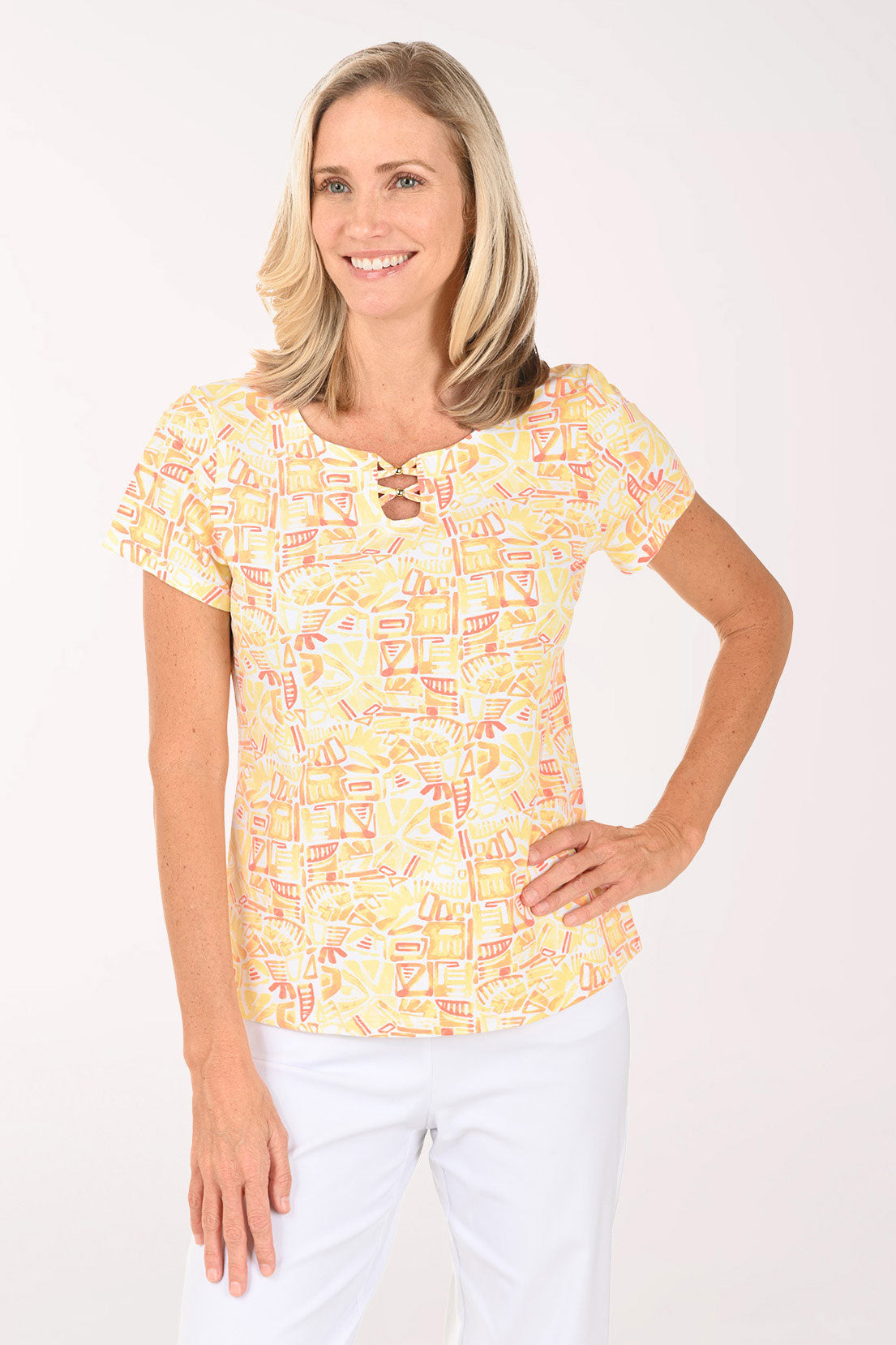 Fun In The Sun Beaded Lattice Neck Tee | Hearts of Palm