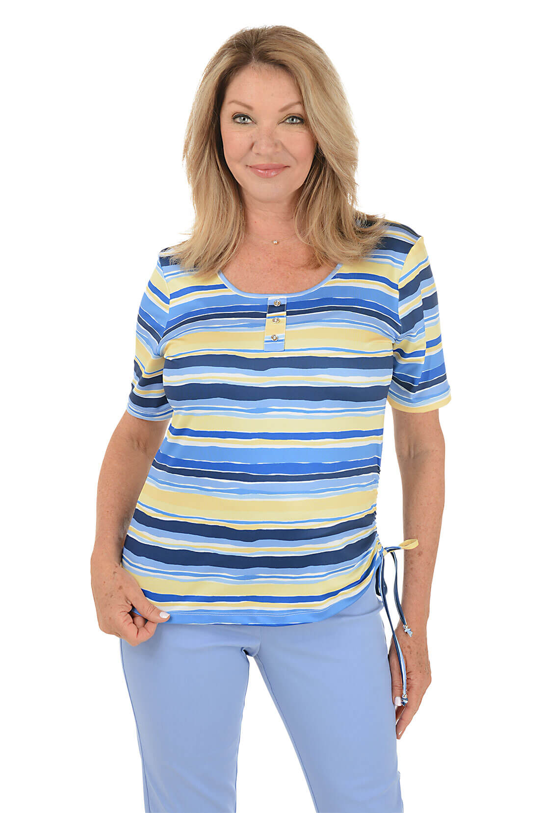 A front shot of a model wearing a striped henley top with short sleeves, featuring blue and yellow colors.