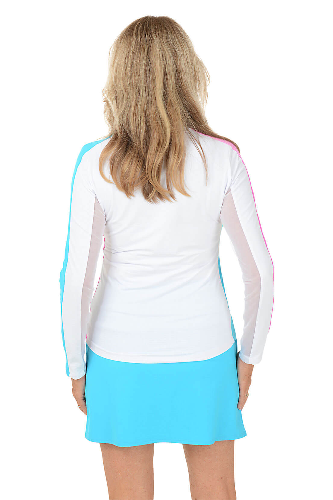 A woman wearing a long sleeve sun shirt with color block design in pink and white, with a mock neck and quarter-zip styling. Back shot.
