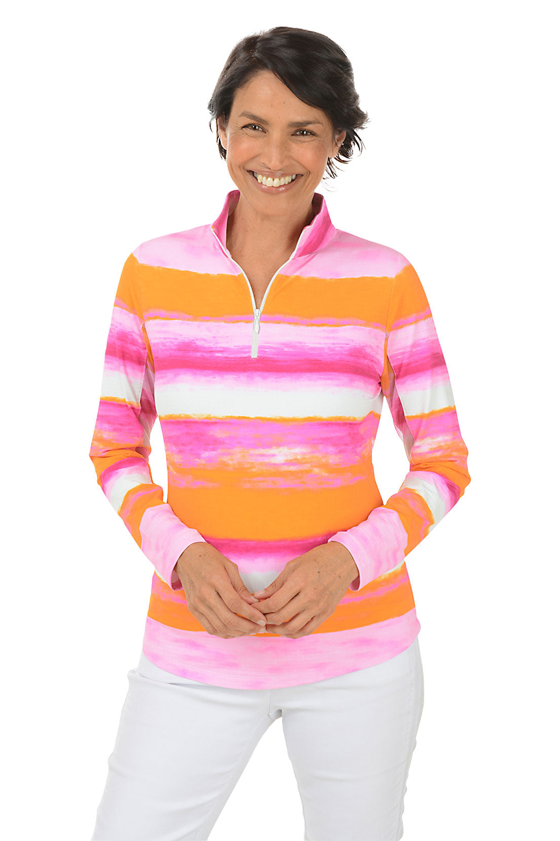 A woman wearing a long sleeve, mock neck, quarter-zip, striped sun shirt in pink, orange, and white colors. Second front shot.