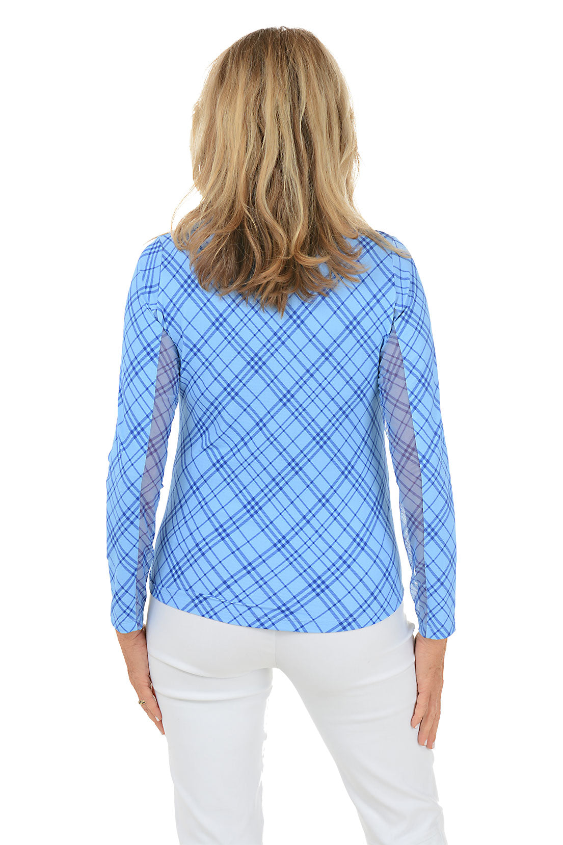 Woman wearing a blue checkered long-sleeve shirt on a white background. Back shot.