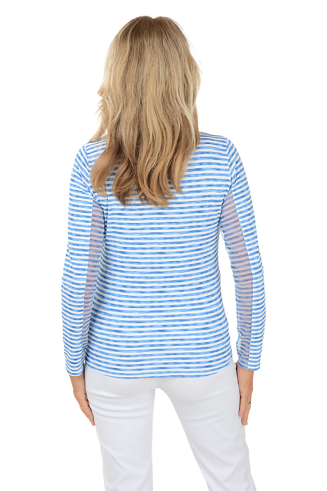 A woman wearing a blue and white striped long sleeve sun shirt with a mock neck collar and quarter-zip styling. Back shot.