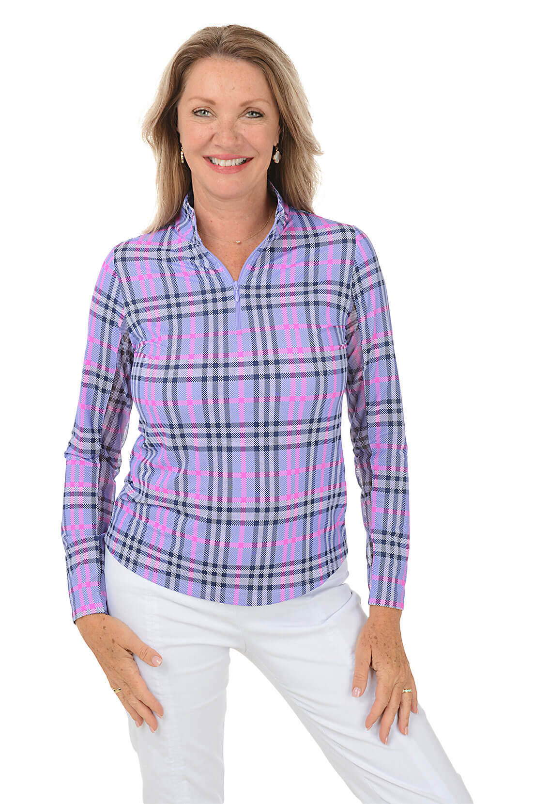 A woman wearing a long sleeve plaid sun shirt with a mock neck collar in a purple, pink, and white check pattern.
