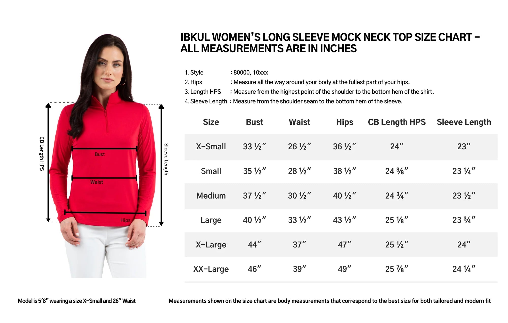Size chart for Ikkul women's long sleeve mock neck top with a model wearing the top.