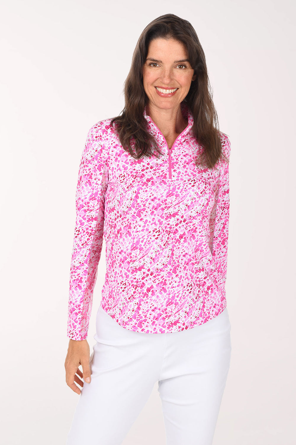 IBKUL Pink Yesenia Pebble UPF50+ Sun Shirt, front view, hot pink and white pebble print