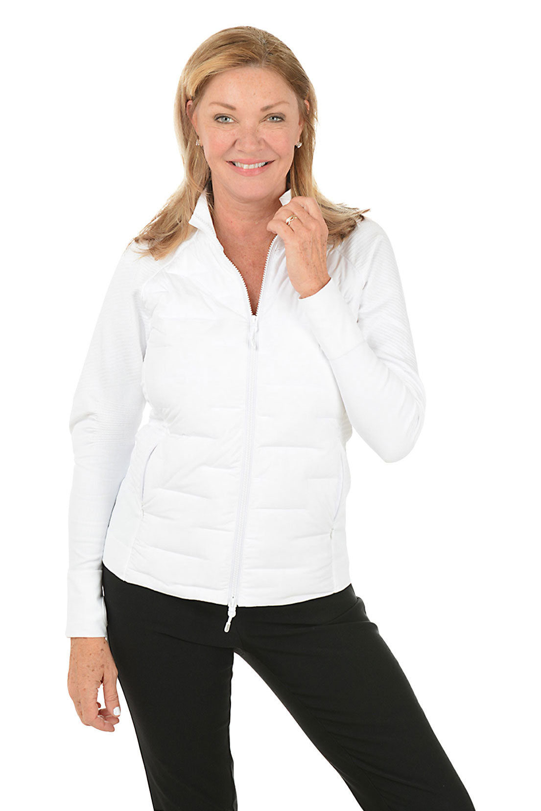 Woman wearing a white jacket on a white background.