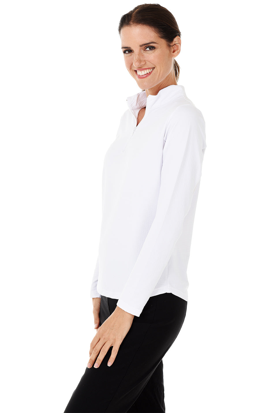 IBKUL Women's Golf Sun Shirt in white. Side shot.