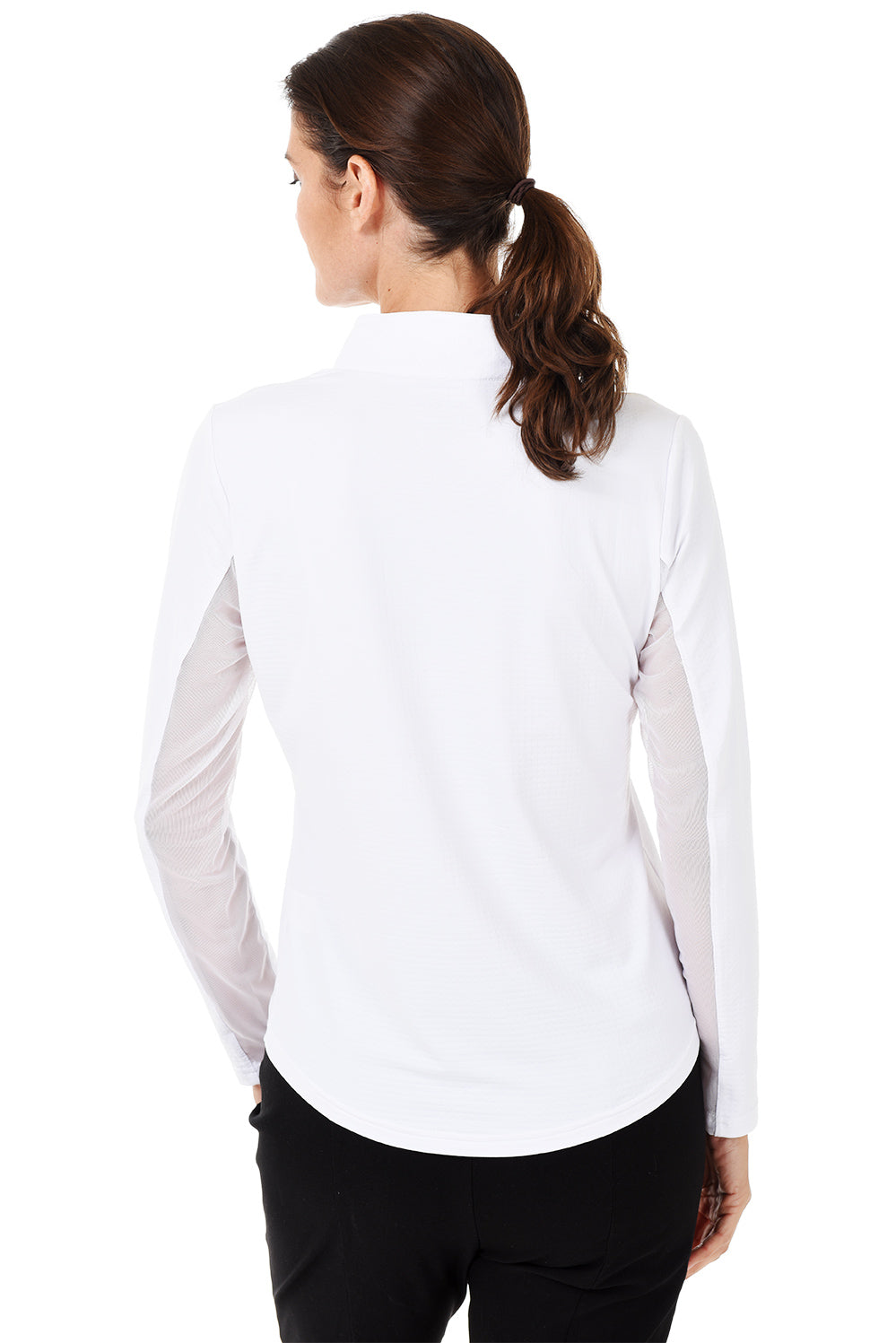 IBKUL Women's Golf Sun Shirt in white. Back shot.