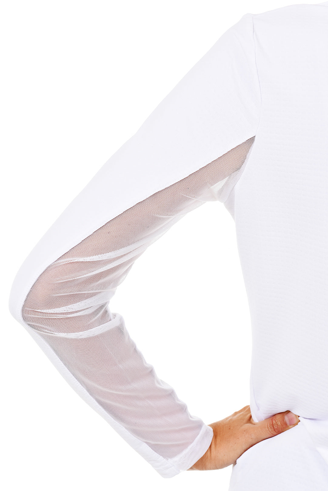 IBKUL Women's Golf Sun Shirt in white. Arm shot showing mesh detail on sleeve.