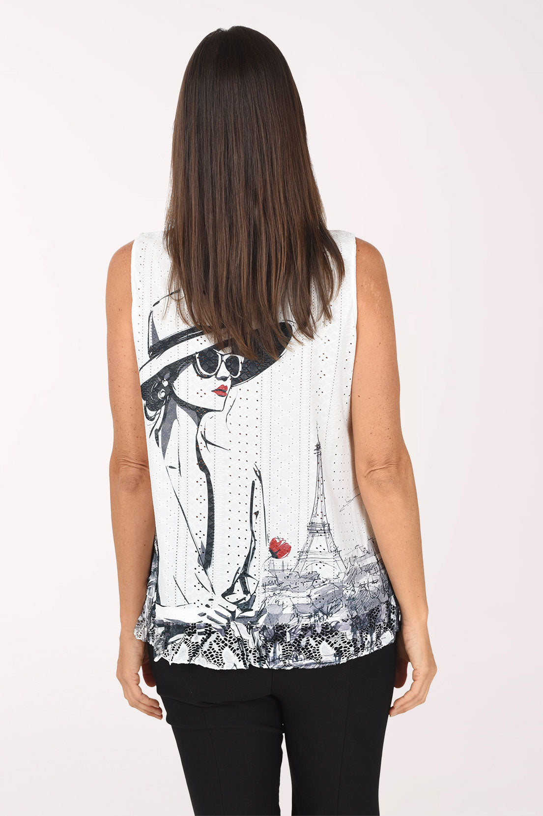 Back view of the Paris Outlook Eyelet Sleeveless Top with the sketched portrait continuing across the back