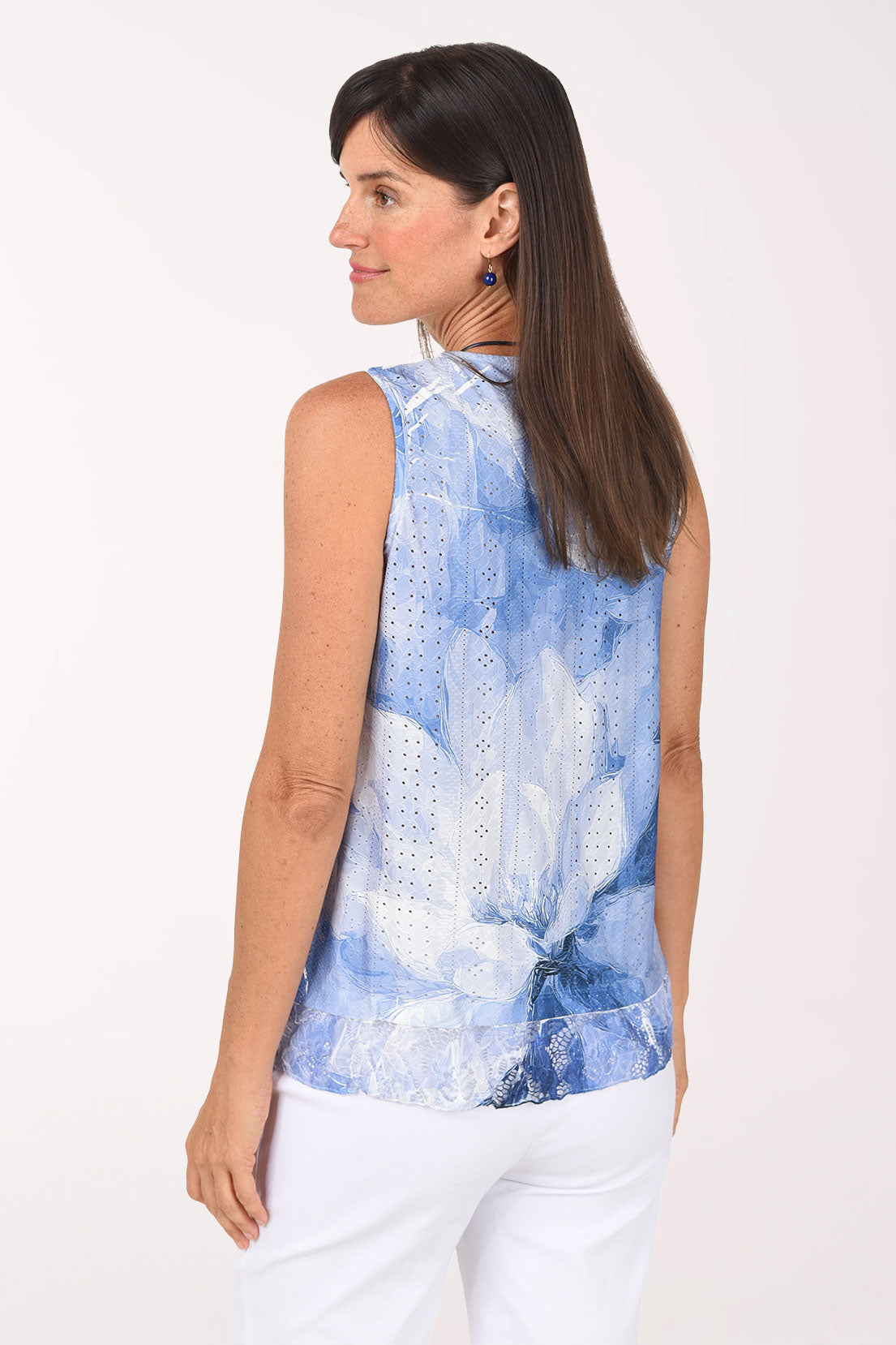 Back view of the Porcelain Garden Eyelet Sleeveless Top in blue and white