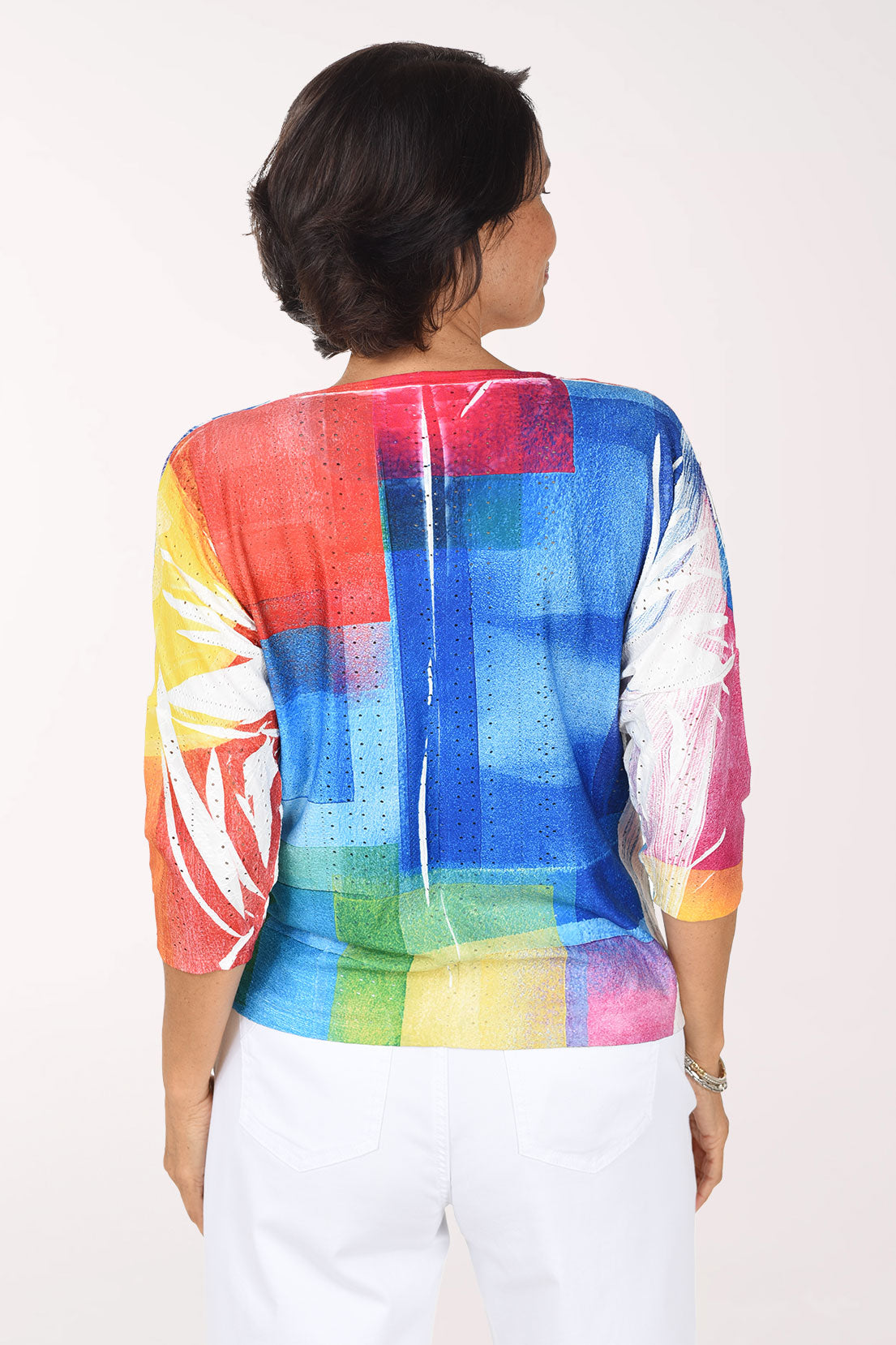 Back view of the color-block top with red, cobalt, yellow and green panels