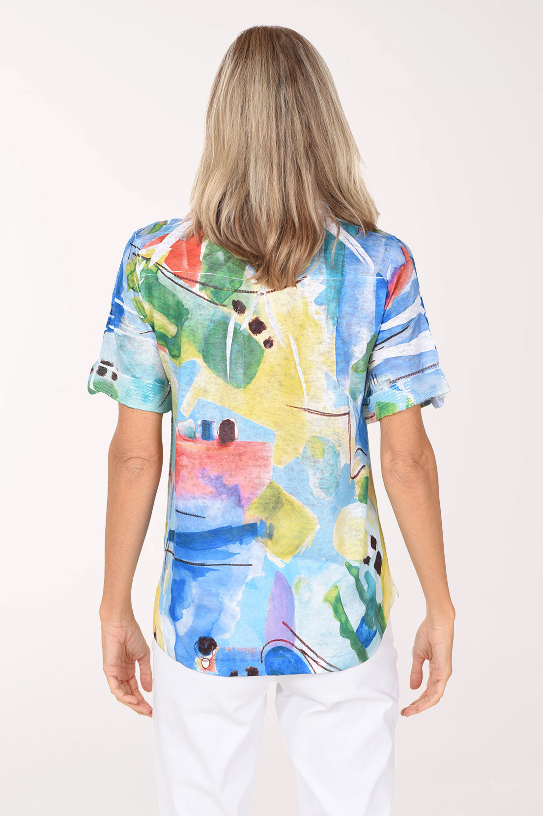 Back view of the Colorful Abstract Sequin Accented Polo Top with the center back pleat