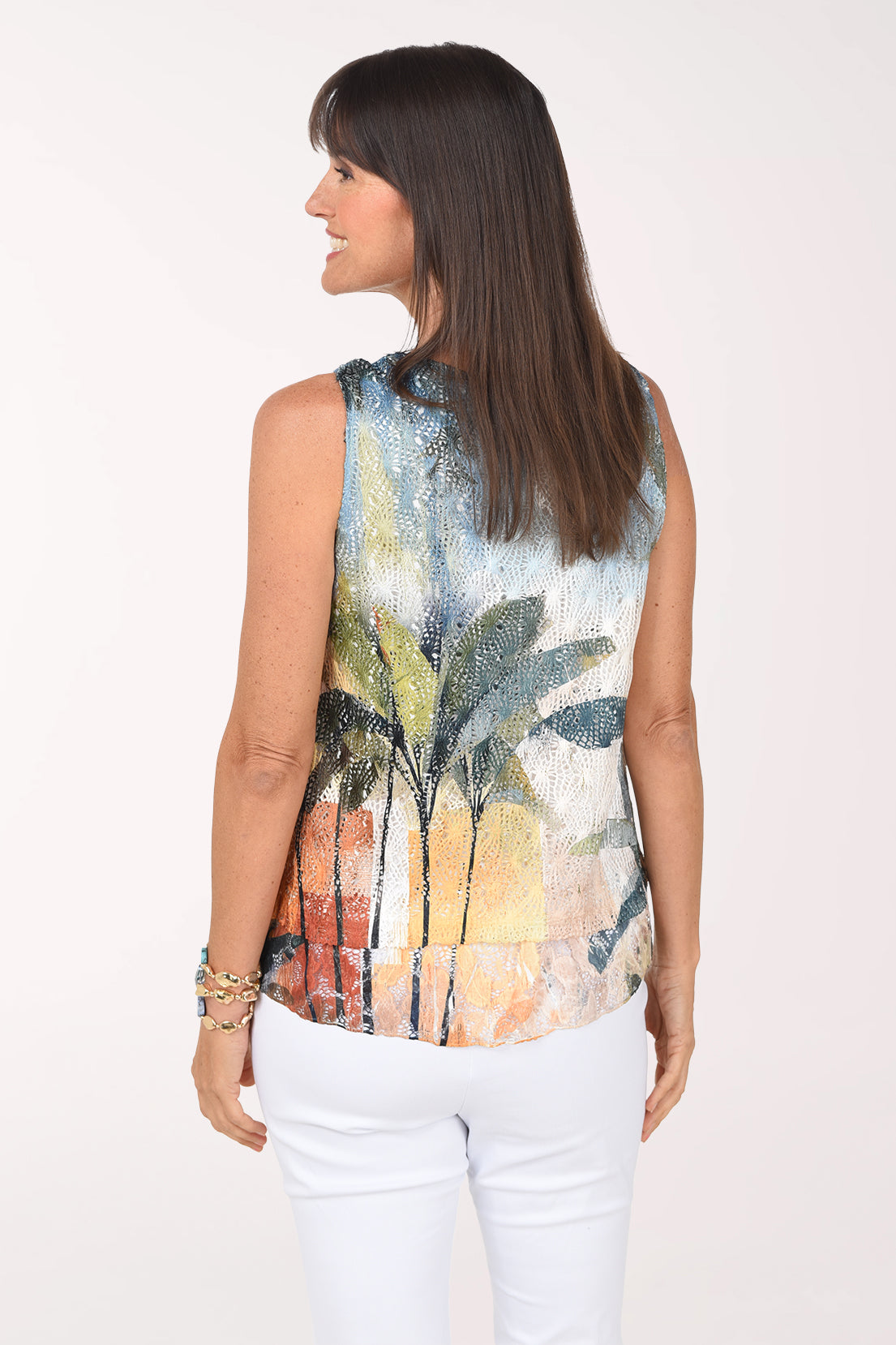Back view of the Palm Beach crochet top showing more palm trees and sunset colors across the back.