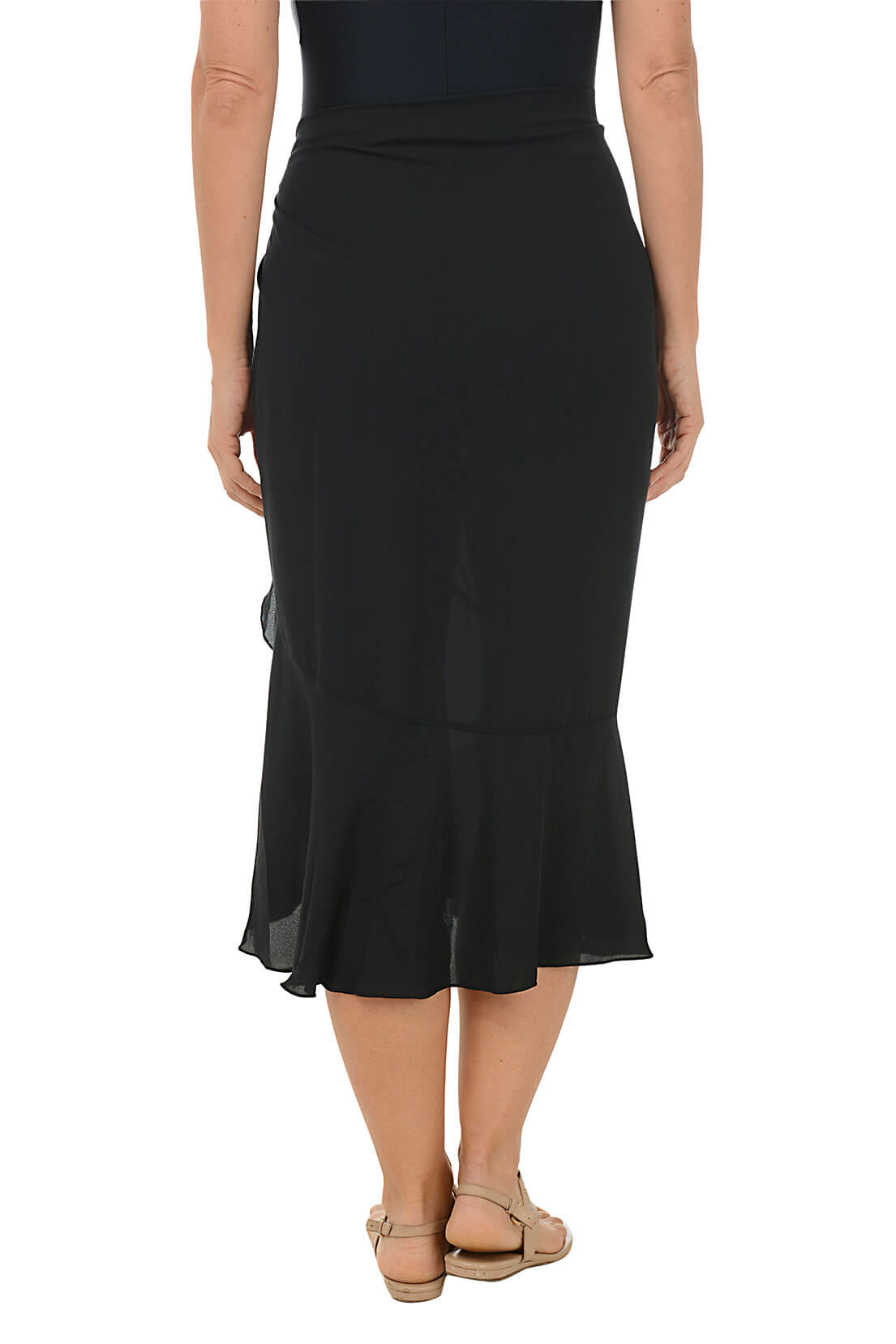 Black sarong cover-up with a high slit worn by a person on a white background. Back shot.