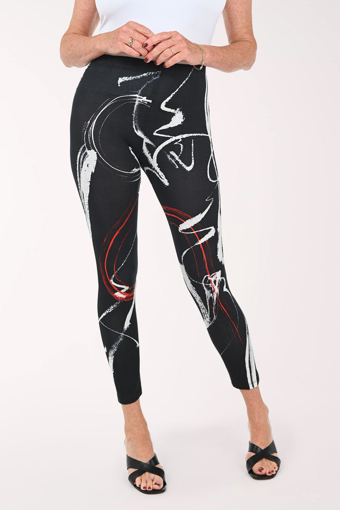 Woman wearing abstract printed leggings