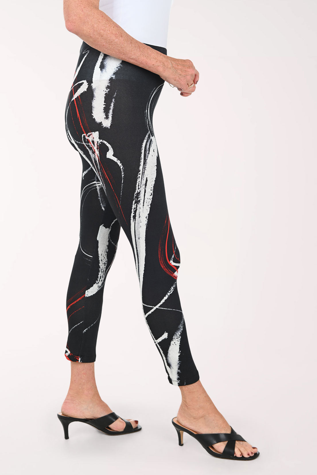 Woman wearing abstract printed leggings