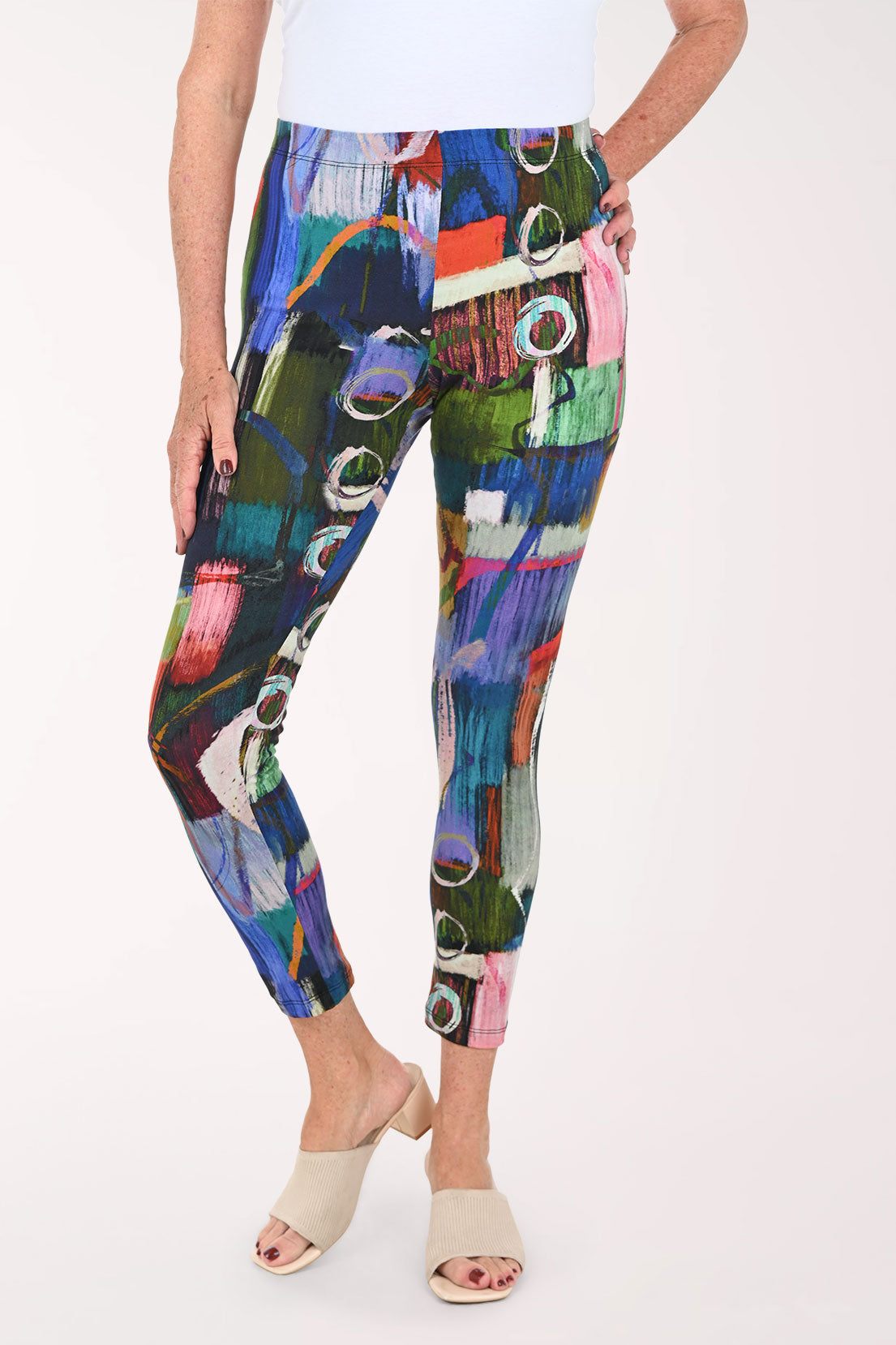 Woman wearing abstract printed leggings