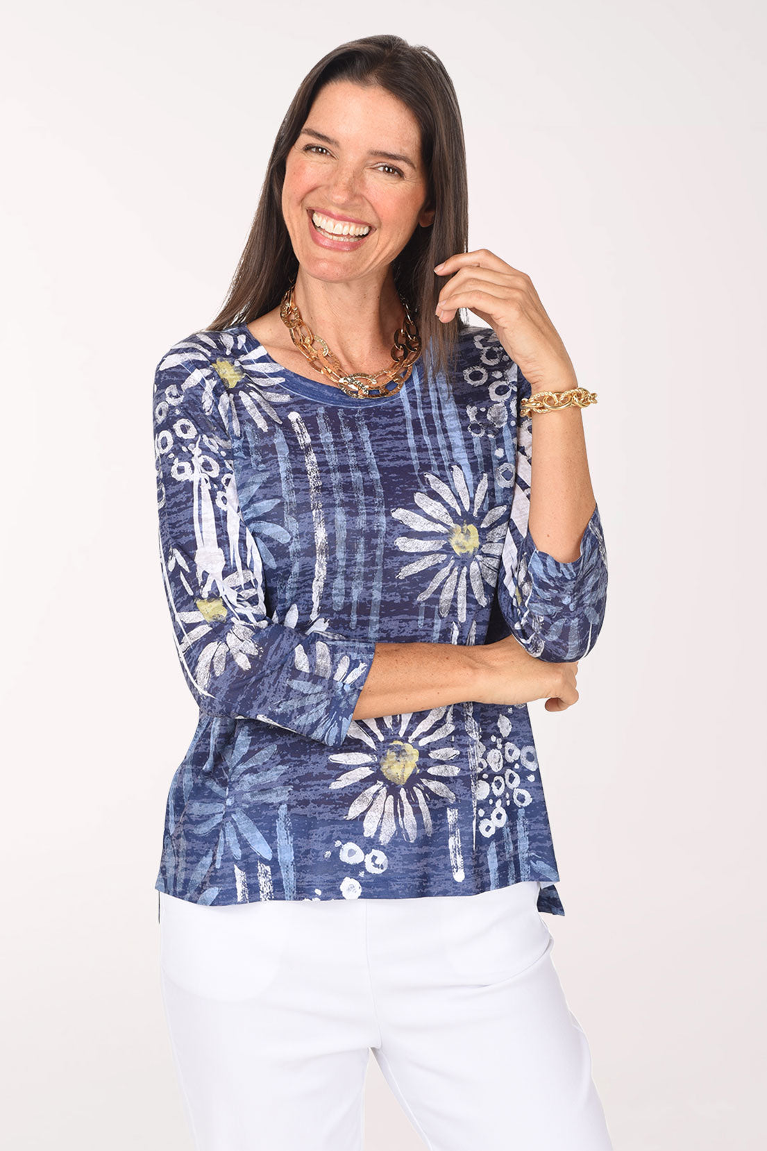 Front view of the Upsy Daisy Burnout High-Low Knit Top with 3/4-length sleeves