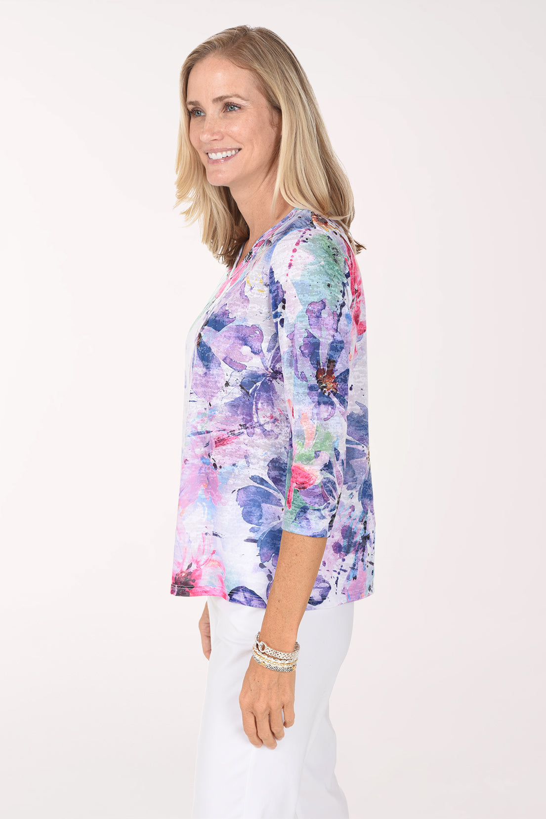 Side view of the Lady Burnout V-Neck Knit Top with 3/4-length sleeves