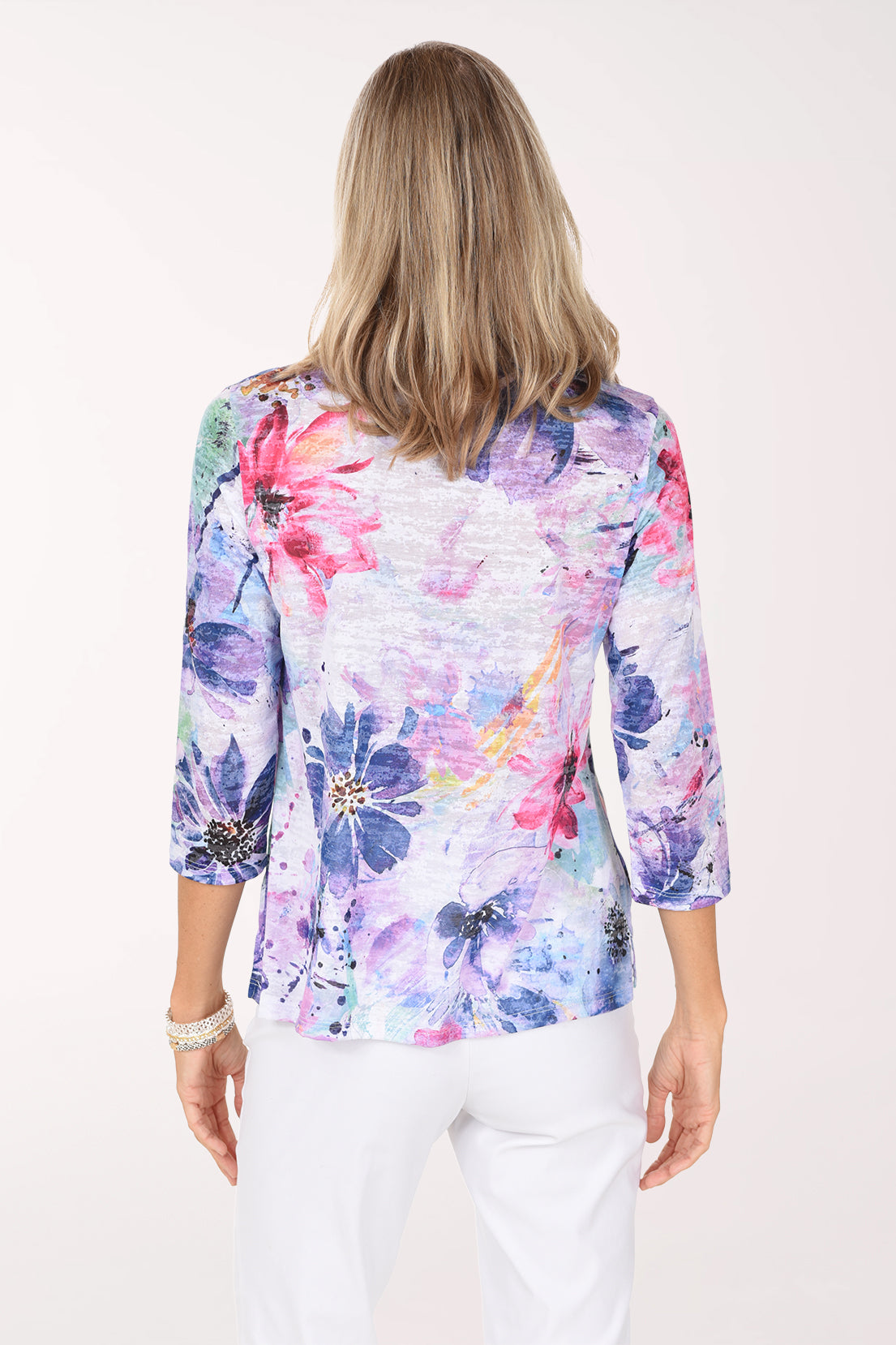 Back view of the Lady Burnout V-Neck Knit Top in lavender and violet florals