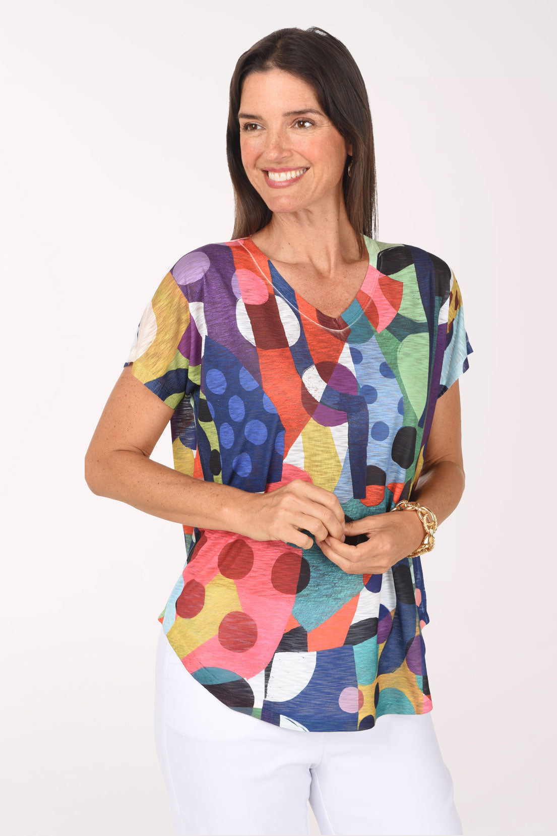 Front view of the Dot Day Slub Knit Short Sleeve Top showing the dolman sleeves