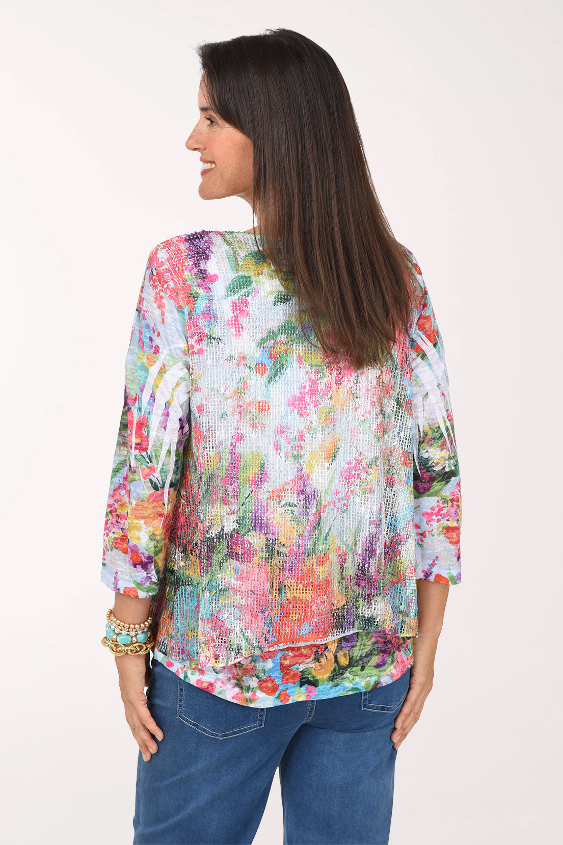 Back view of the Emilia Mesh Overlay Knit Top in multicolor watercolor florals