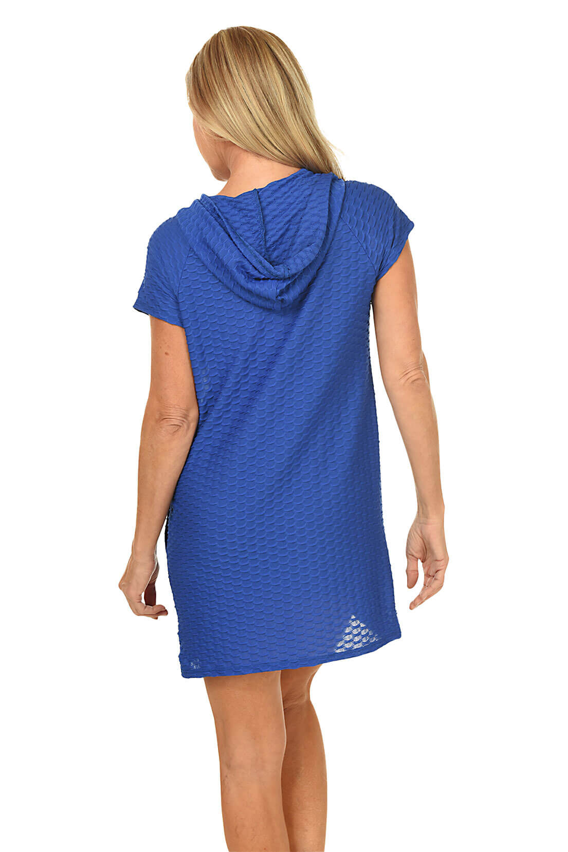 A back shot of a model wearing a blue hooded waffle-knit full-zip cover-up with short sleeves and double front pockets.
