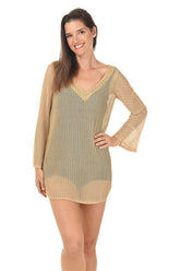 A front shot of a model wearing a beige chevron mesh tunic cover-up with long bell sleeves and a V-neck.
