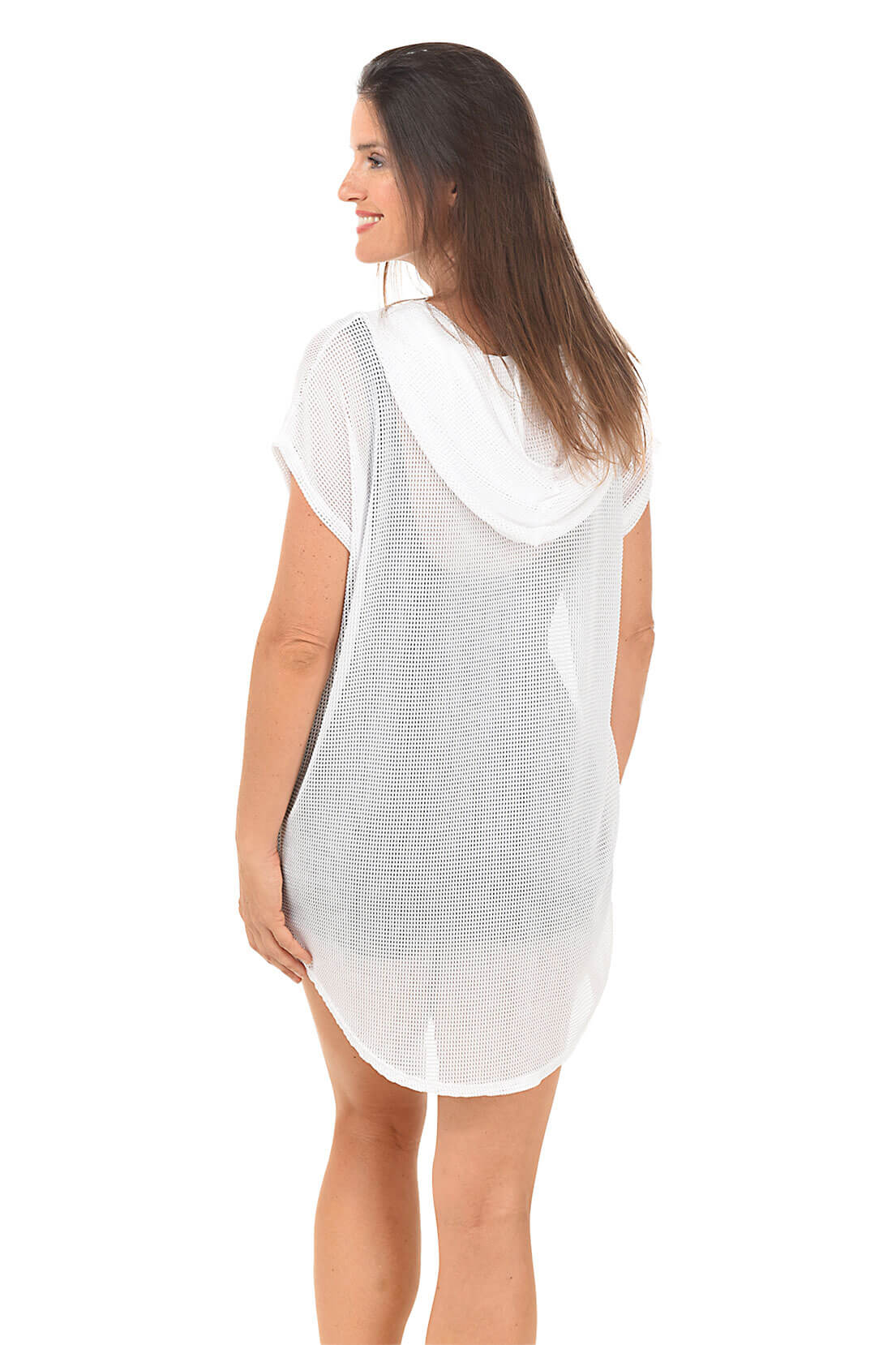 A back shot of a model wearing a white mesh hooded cover-up with short dolman sleeves and a V-neckline.