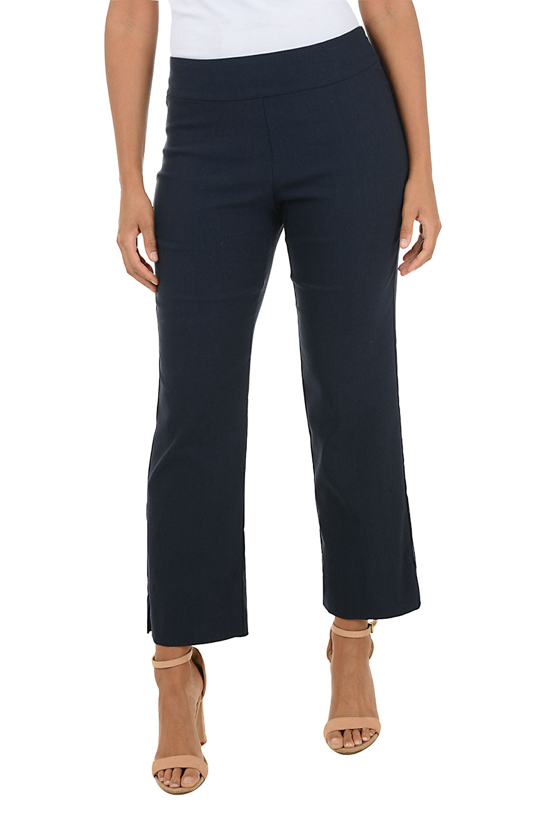 Navy blue pants worn by a person on a white background