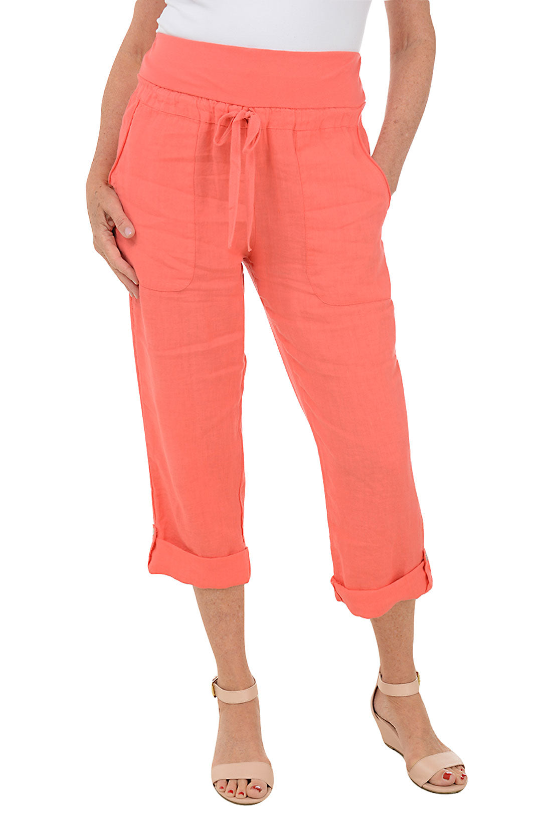 Linen Buttoned Roll Tab Capri Pant