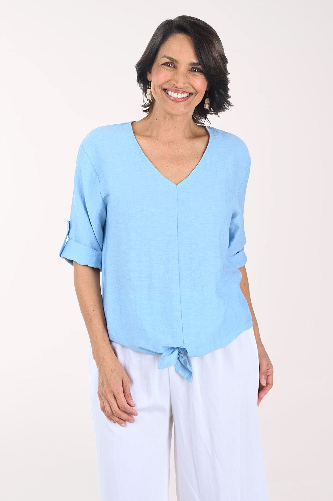 Linen-Blend Tie-Front Roll Sleeve Blouse | Kaktus