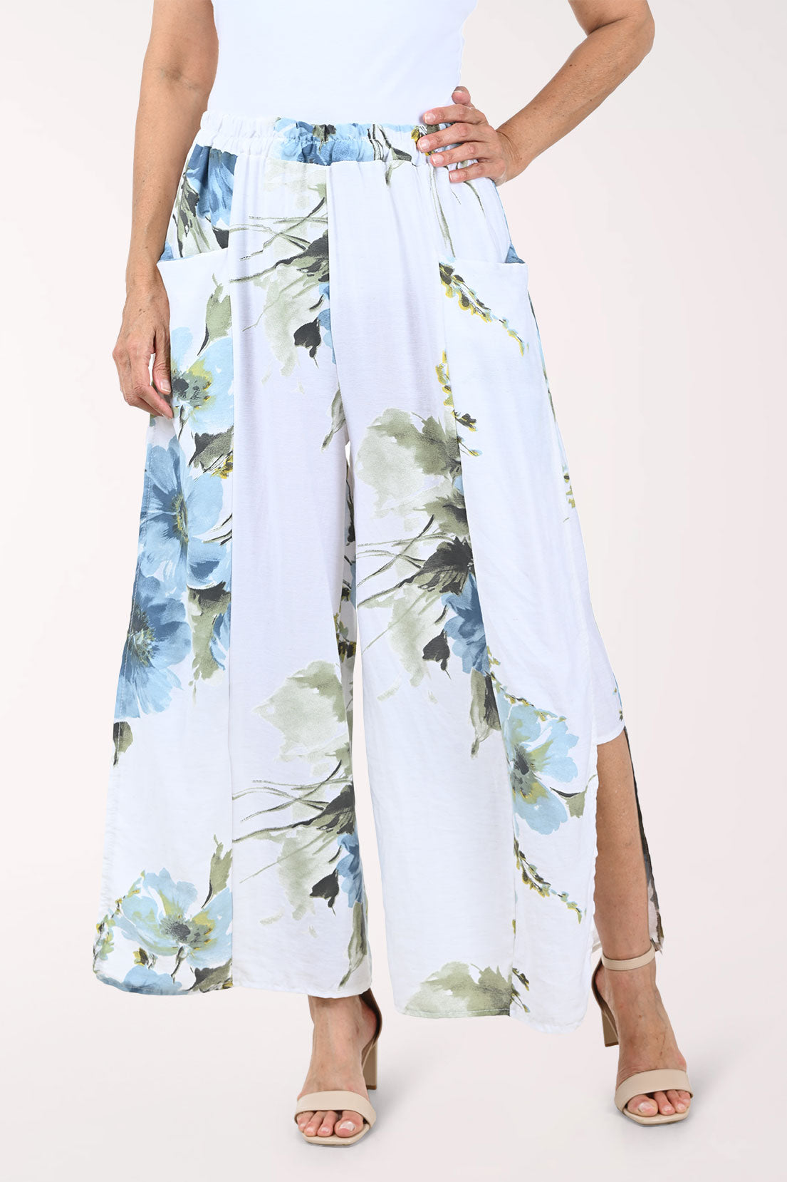 Floral-patterned pants with a white background