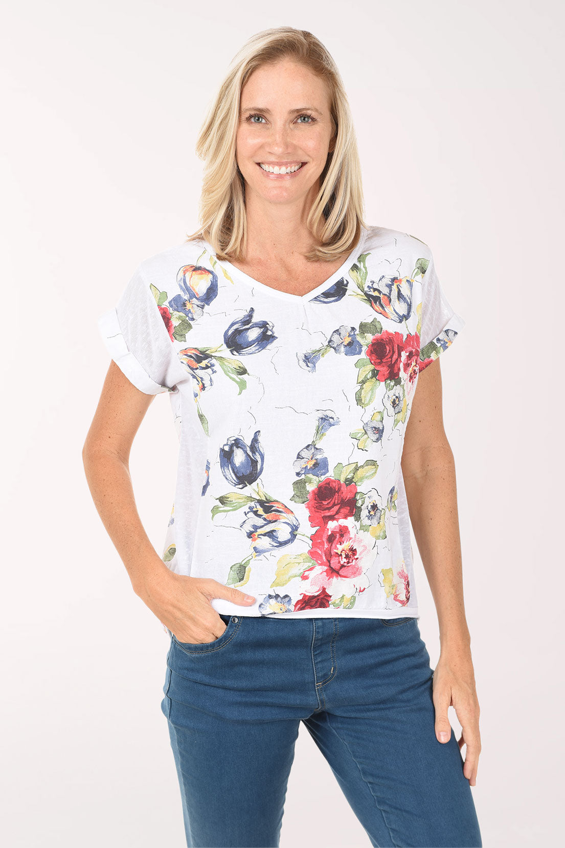 Kaktus Bright Bouquet 100% Linen Tee - White Multicolor