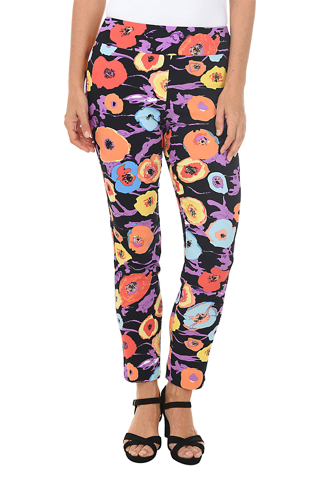 front shot of model in black multi colored floral pants