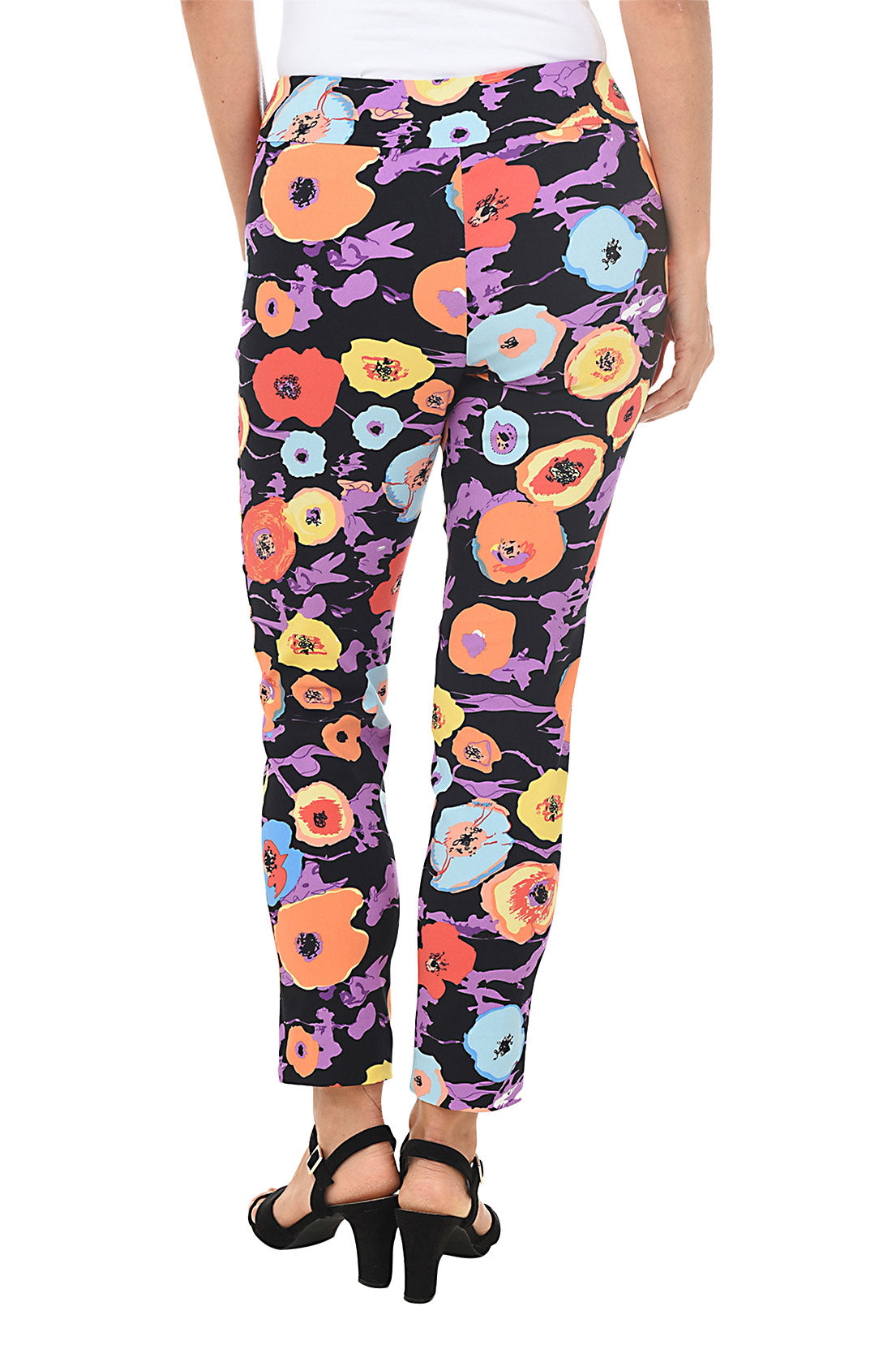 Back shot of model in black multi colored floral pants